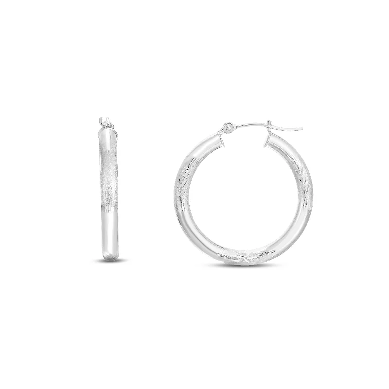 Medium hoop earrings for an everyday look with the perfect balance of style-14K White Gold 3mm Diamond Cut & Polished Design Hoop Earring