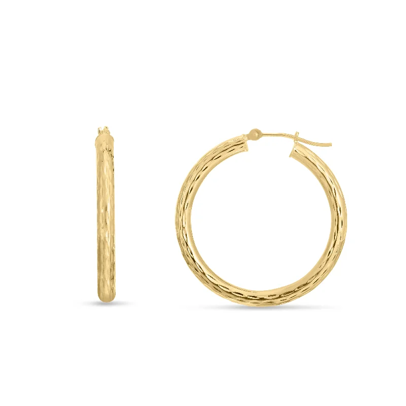 Best hoop earrings with satin ribbons for a soft, feminine appearance-14K Yellow Gold 3mm Diamond Cut Hoop Earring