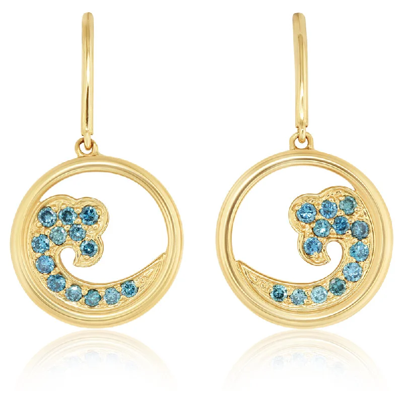 Best hoop earrings with turquoise stones for a bohemian-inspired vibe-14K Yellow Gold Nature Blue Diamond Wave 15mm Earrings