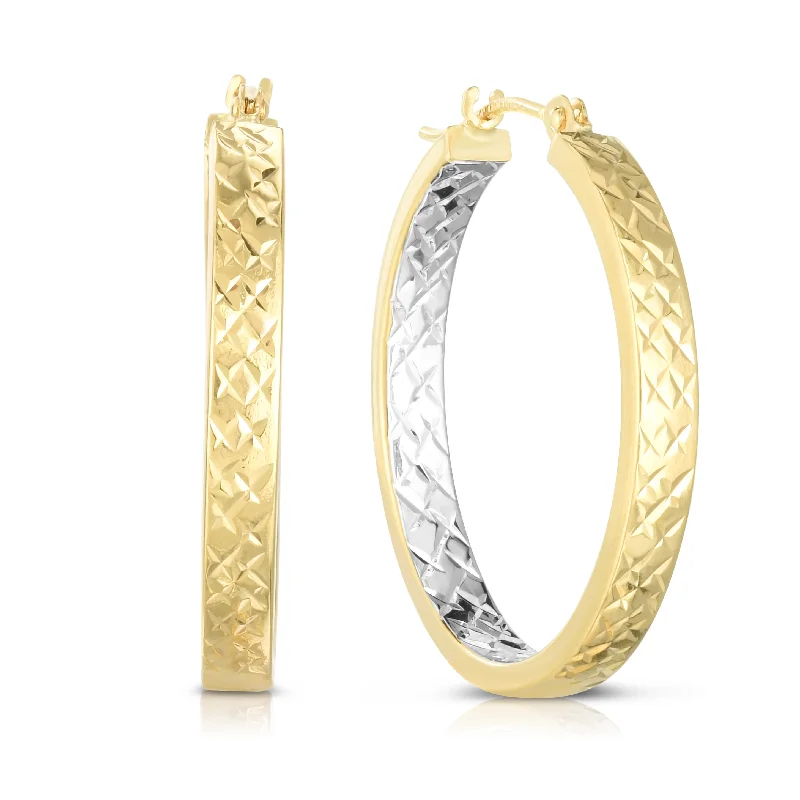 Hoop earrings with twisted leather for a chic and modern boho look-14K Yellow & White Gold Diamond Cut Hoop Earring