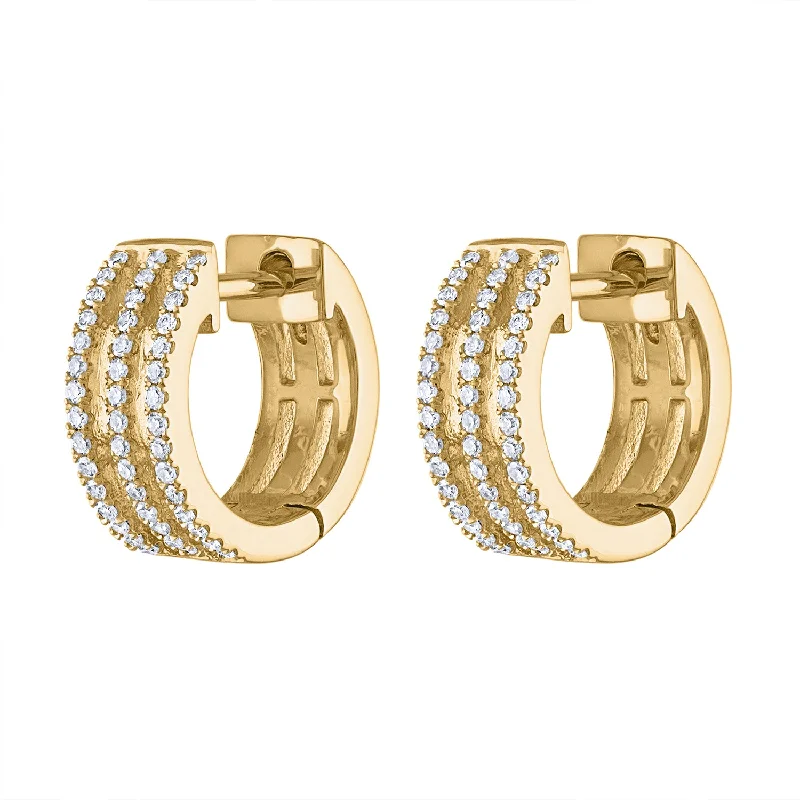 Hoop earrings with twisted metal designs for a dynamic and modern style-14KT GOLD DIAMOND THREE LINE HUGGIE