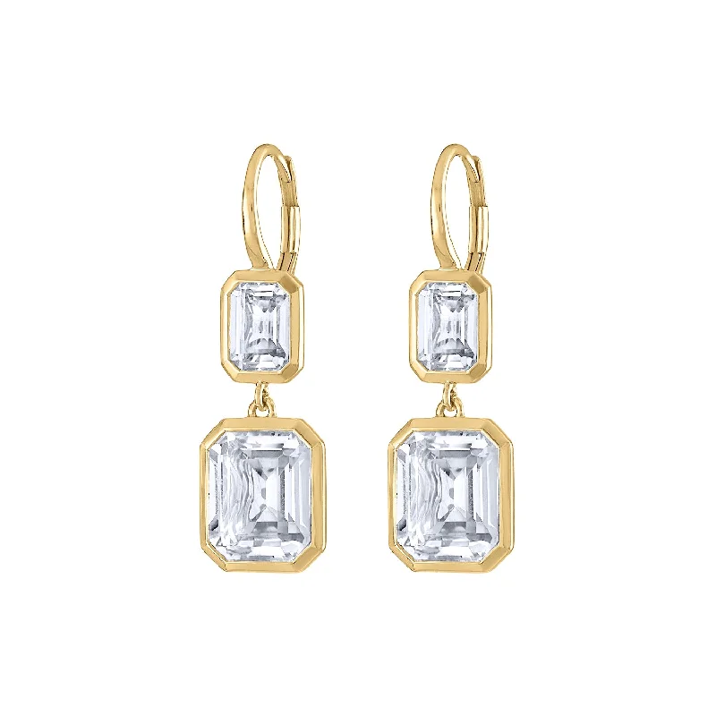 Hoop earrings with diamond-cut surfaces for added sparkle and shine-14KT GOLD WHITE TOPAZ DOUBLE BEZEL DROP EARRING