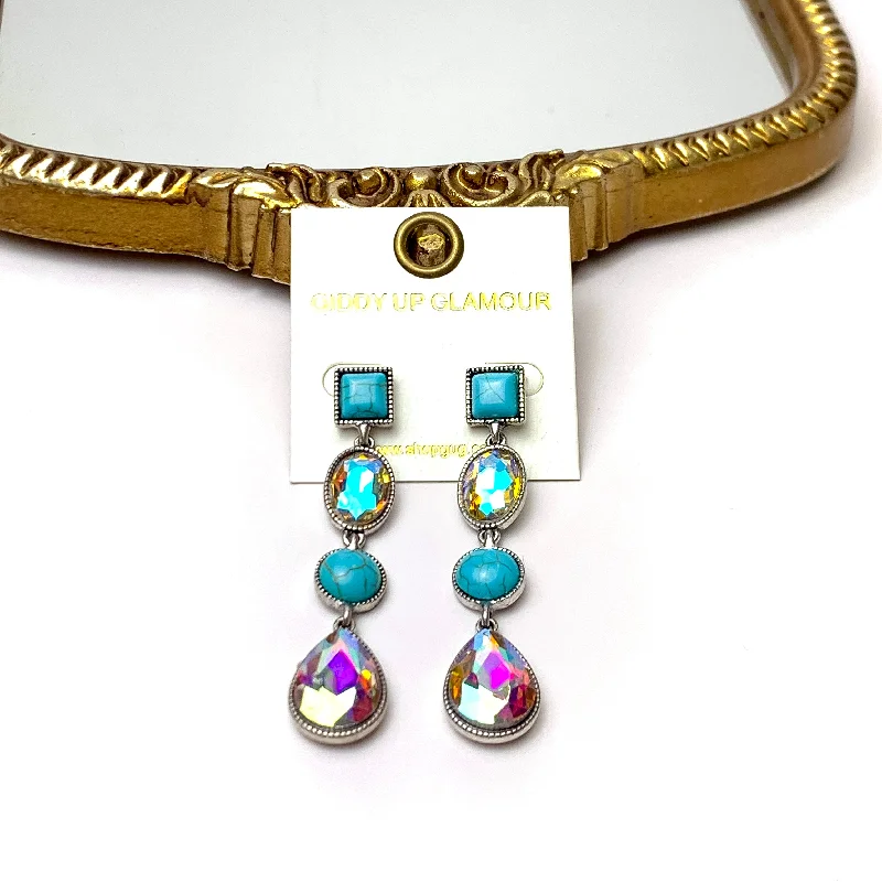 Hoop earrings with textured finishes for a vintage and classic style-4 Tier Square Post Faux Turquoise and AB Crystal Dangle Earrings