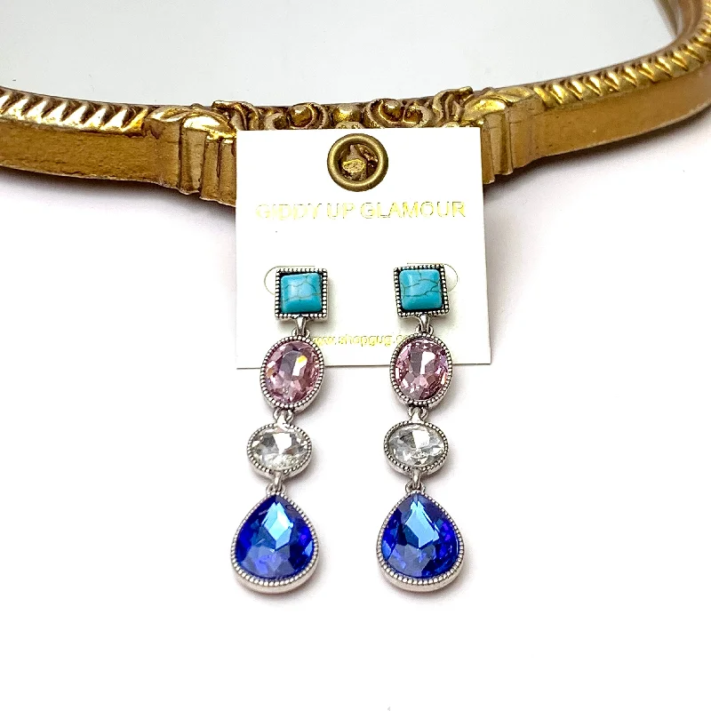 Best hoop earrings with geometric shapes for a modern and artistic appeal-4 Tier Square Post Faux Turquoise and Light Pink and Blue Crystal Dangle Earrings