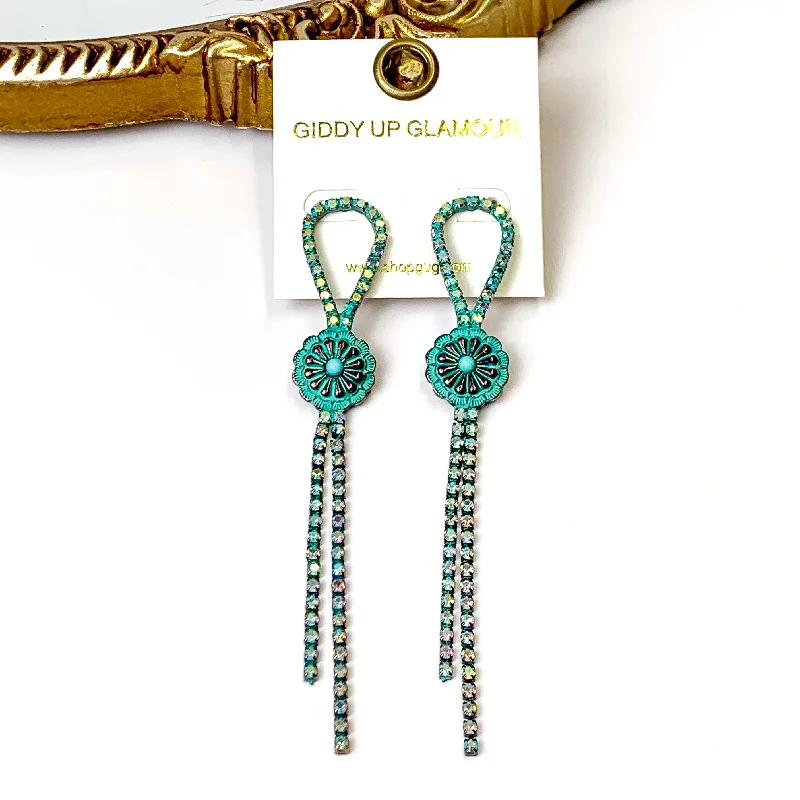 Hoop earrings with abstract shapes for an artistic and creative touch-AB Crystal Bolo Tie Tassel Earrings with Circle Concho in Patina Tone