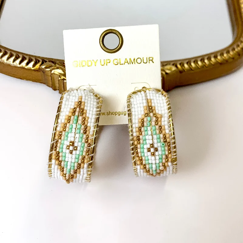 Hoop earrings with braided patterns for a detailed and textured finish-Aztec Design Beaded Hoop Earrings in White