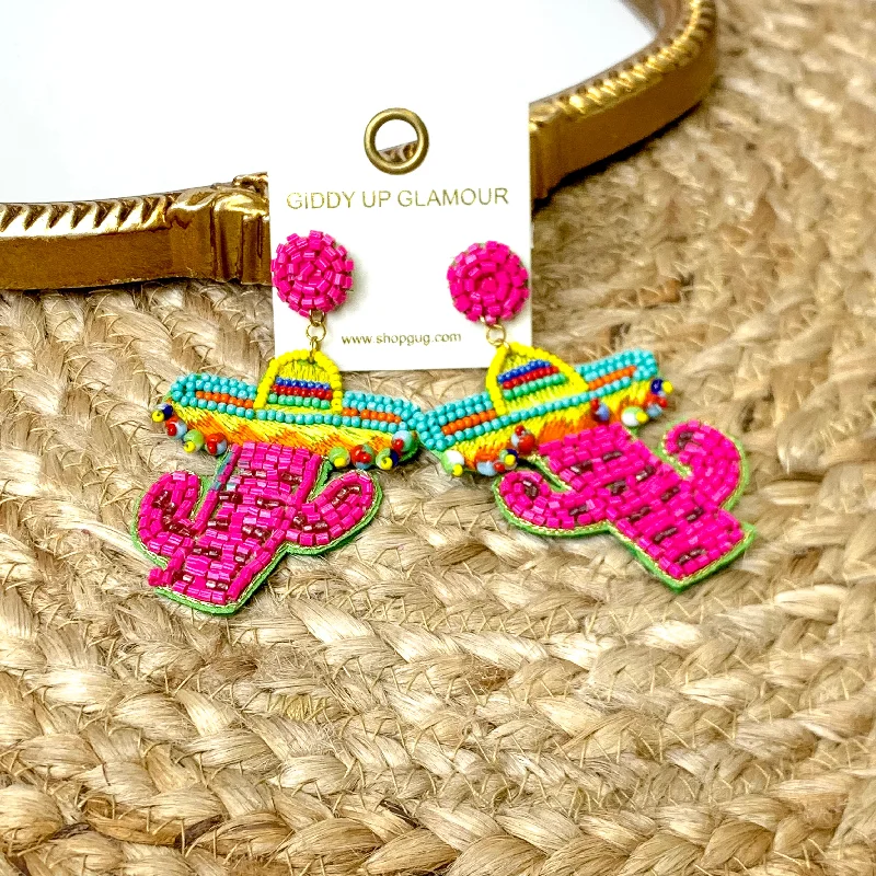 Best hoop earrings with matching bracelets for a coordinated jewelry set-Beaded Cactus Earrings with a Sombrero in Pink