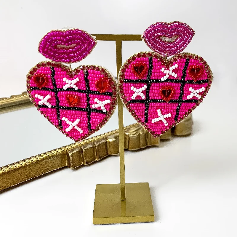 Best hoop earrings with lever-back closures for secure and easy wear-Beaded Heart Shaped Tic Tac Toe Earrings in Fuchsia Pink