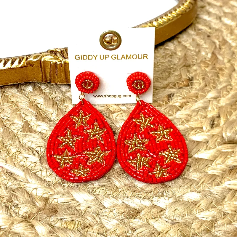 Hoop earrings with artistic filigree designs for an intricate, delicate finish-Beaded Teardrop Dangle Earrings with Stars in Red and Gold