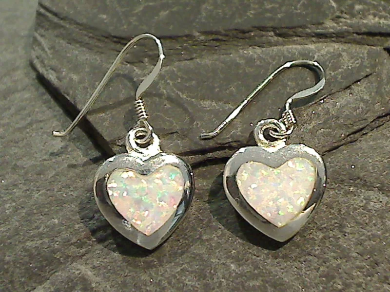 Best hoop earrings with textured silver for a rustic and organic finish-Lab Created Opal, Sterling Silver Heart Earrings