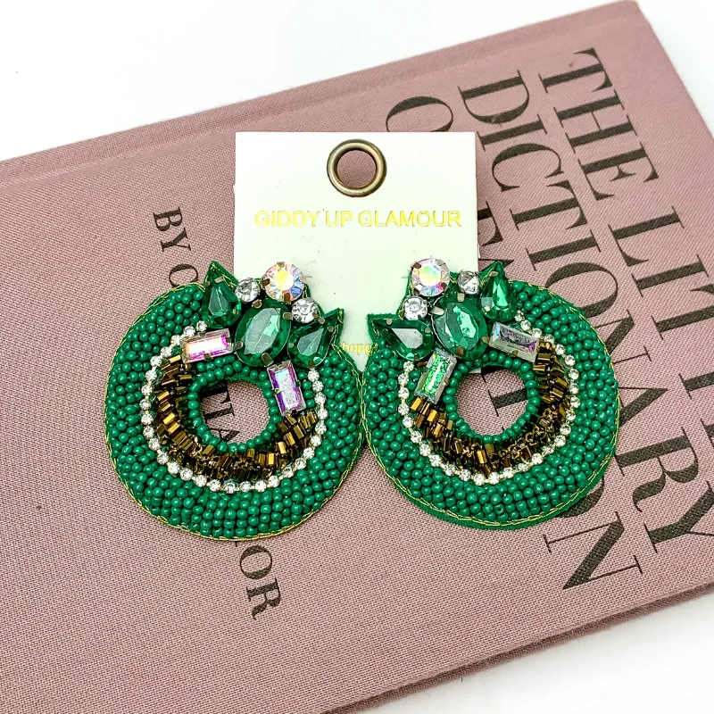 Hoop earrings with textured finishes for a vintage and classic style-Circle Beaded Post Earrings with Jeweled Detailing in Green