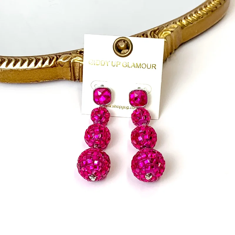 Hoop earrings with oversized designs for a bold, fashion-forward statement-Cushion Crystal Post Disco Ball Dangle Earrings in Fuchsia Pink