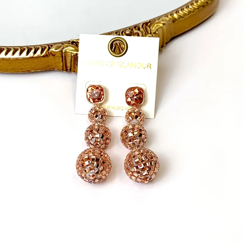 Best hoop earrings with delicate chain details for a trendy and stylish design-Cushion Crystal Post Disco Ball Dangle Earrings in Rose Gold Tone