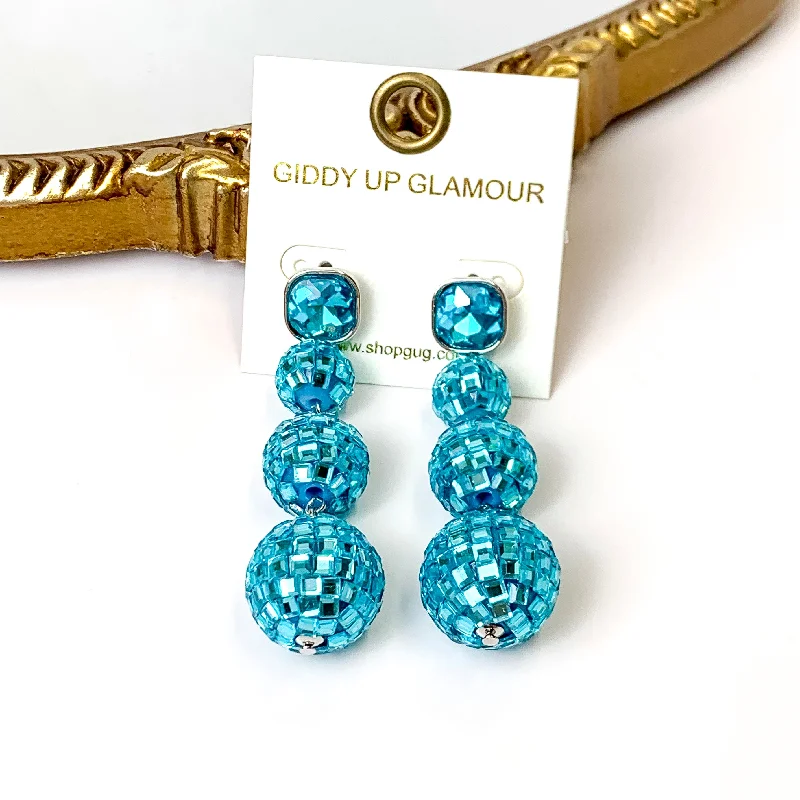 Best hoop earrings with floral designs for a feminine and delicate look-Cushion Crystal Post Disco Ball Dangle Earrings in Turquoise Blue