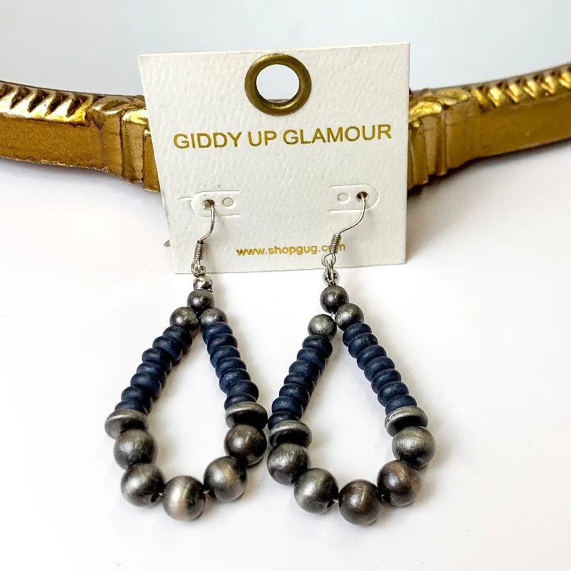 Best hoop earrings with snake chain details for a sleek and modern touch-Faux Navajo Teardrop Beaded Earrings in Silver Tone and Navy Blue