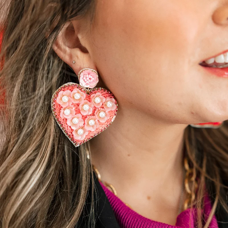 Best hoop earrings with delicate chain details for a trendy and stylish design-Flower Post Beaded Sequin Heart Shaped Floral Earrings with Pearl and Crystal Accents in Pink