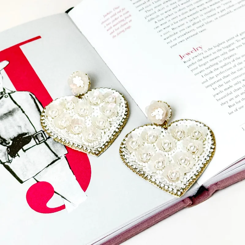 Best hoop earrings with geometric shapes for a modern and artistic appeal-Flower Post Beaded Sequin Heart Shaped Floral Earrings with Pearl and Crystal Accents in White