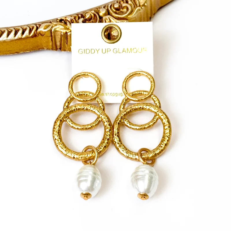 Best hoop earrings with twisted rope designs for a nautical-inspired style-Gold Tone Multi Circle Earrings with Pearl Pendants