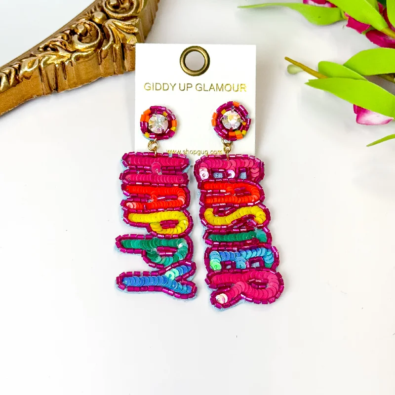 Hoop earrings with colorful beads for a fun and playful vibe-Happy Easter Pink Outline Beaded Earrings in Pink, Orange, Yellow, Green and Blue