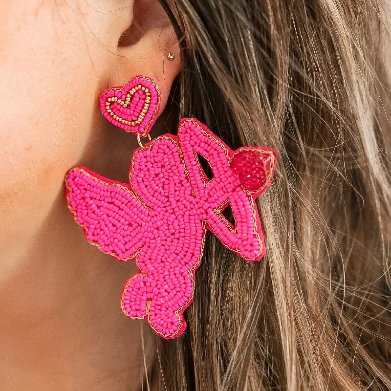 Hoop earrings with a chunky design for a bold and trendy statement-Heart Post Beaded Cupid Earrings with Heart Arrow in Fuchsia Pink