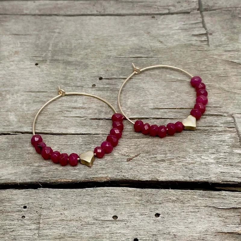 Hoop earrings with gold accents for a warm, elegant statement piece-Love Earrings - Beaded hoop earrings with heart and ruby jade