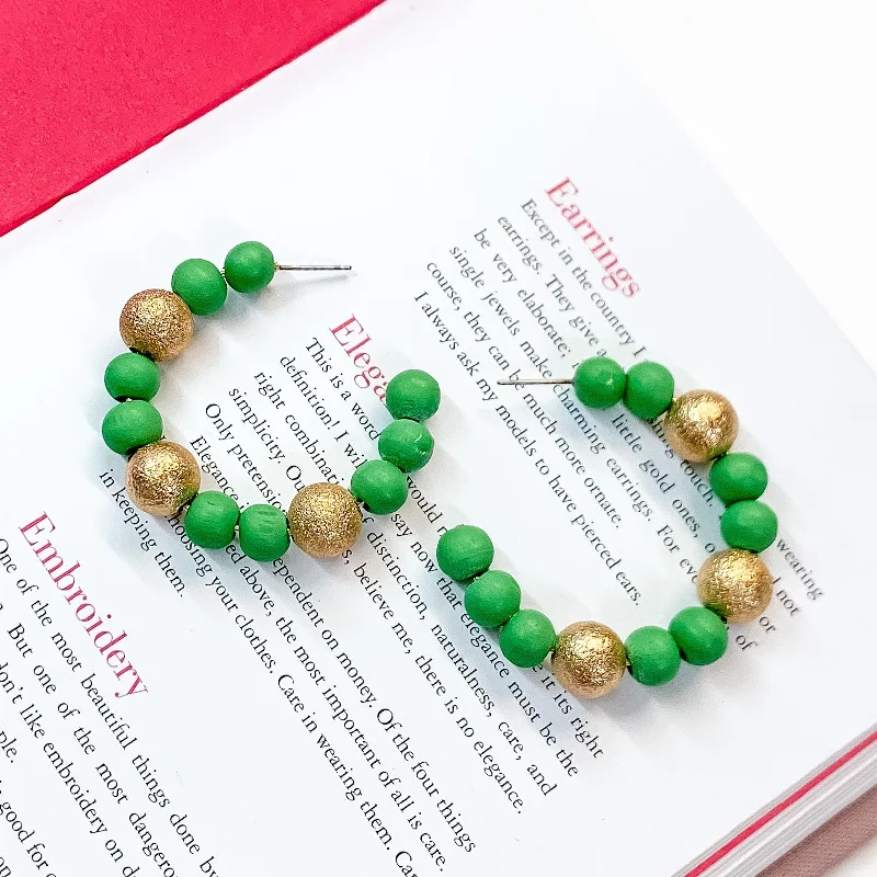 Best hoop earrings with delicate chain details for a trendy and stylish design-Making Joy Beaded Hoop Earrings with Gold Tone Spacers in Green