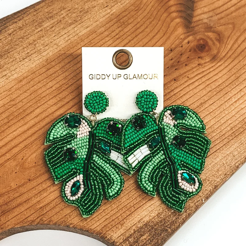 Best hoop earrings with geometric shapes for a modern and artistic appeal-Palm Leaf Beaded Earrings With Crystal Accents in Green, Blush, and White