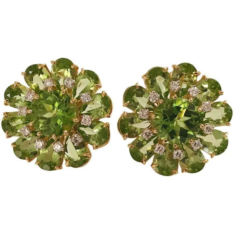 Best hoop earrings with intricate beaded details for a textured, stylish appearance-Peridot Diamonds Gold Flower Earrings