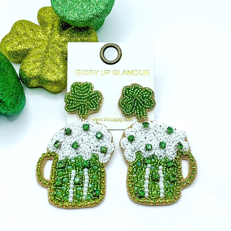 Best hoop earrings with stacked layers for a dimensional and bold look-Post Back Beaded Beer Mug Earrings in Green