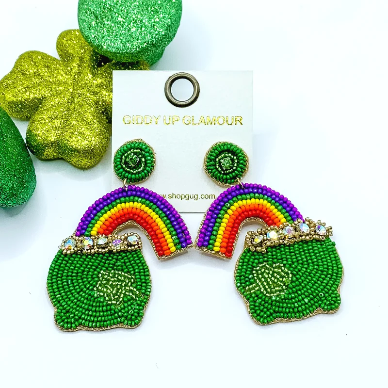 Best hoop earrings with geometric cuts for a sharp, modern appeal-Post Back Beaded Pot of Gold Earrings in Green