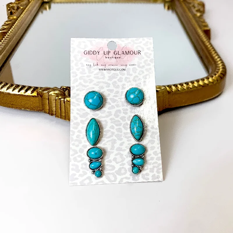 Hoop earrings with resin accents for a bold and colorful design-Set Of Three | Faux Stone Silver Tone Stud Set in Turquoise