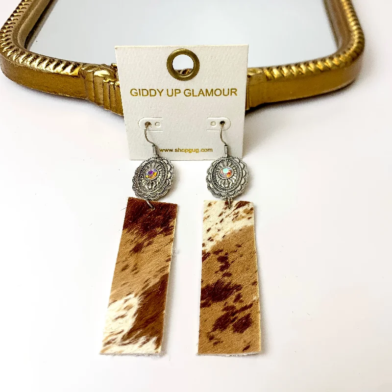 Hoop earrings with open designs for a modern, lighthearted vibe-Silver Concho Earrings with Faux Cow Hide in Brown/White