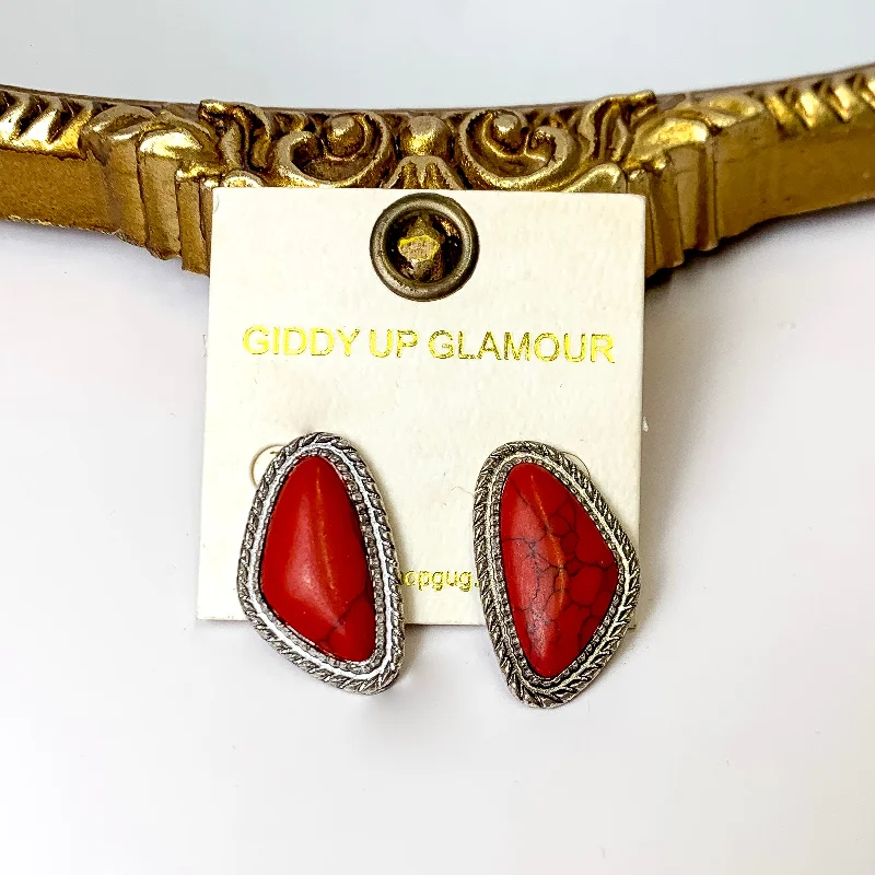 Hoop earrings with intricate designs for a unique and artistic appearance-Silver Tone Irregular Shaped Faux Stone Post Earrings in Dark Red