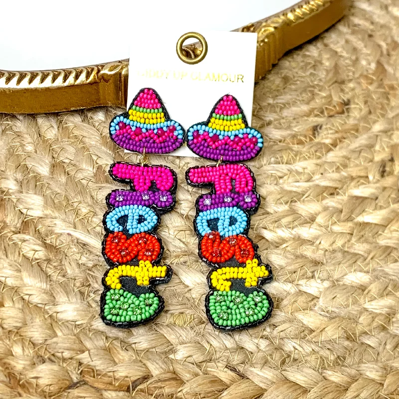 Hoop earrings with stacked layers for a bold and textured design-Sombrero Fiesta Seed Beaded Earrings in Multicolored