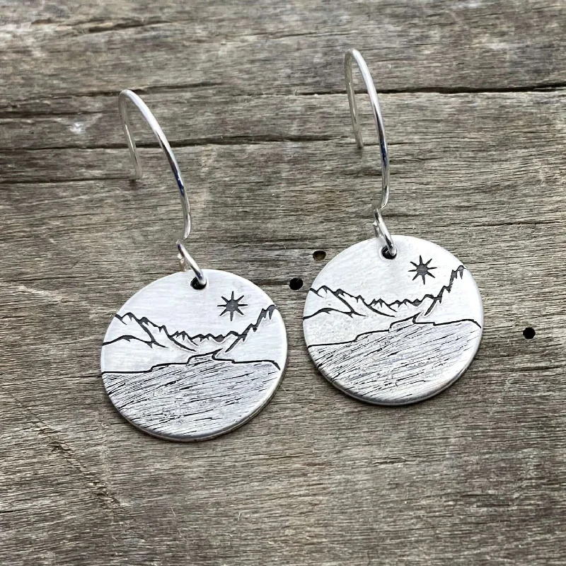 Stylish hoop earrings with diamond accents for an elegant and sparkling effect-St. Mary Lake Earrings - Glacier Mountain and Lake with Sun