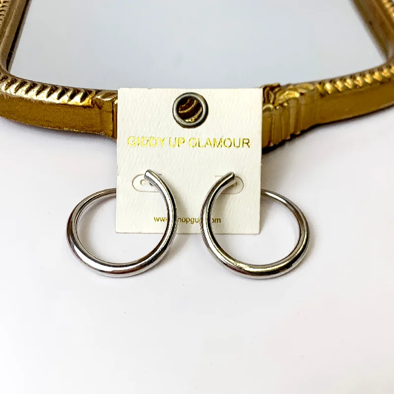 Hoop earrings with removable pendants for a versatile and customizable accessory-Thick Offset Silver Tone Hoop Earrings