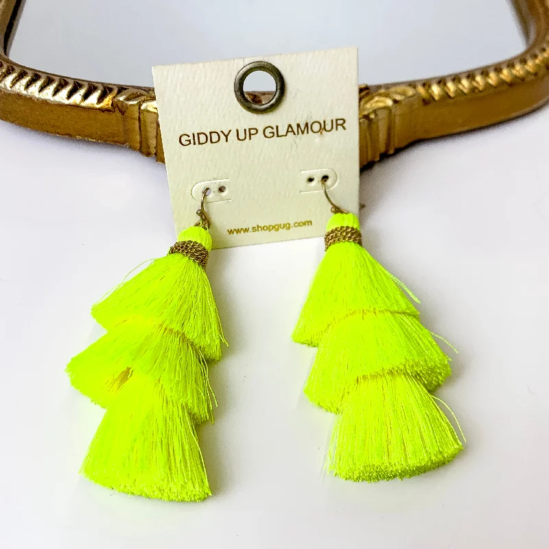 Hoop earrings with spiral designs for a dynamic and fluid look-Three Tiered Tassel Earrings in Neon Yellow