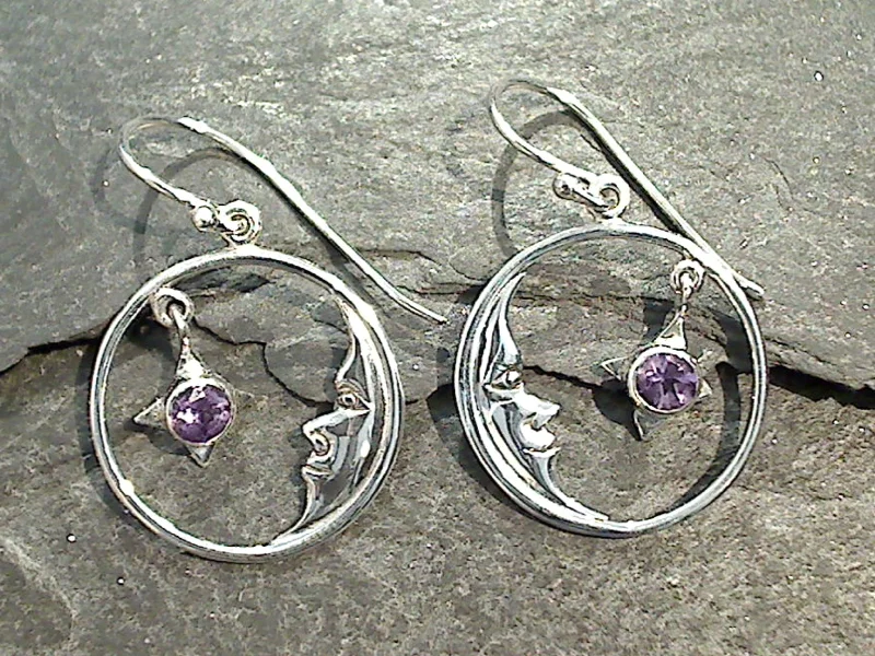 Best hoop earrings with blackened metal for an edgy and bold appearance-Amethyst, Sterling Silver Moon And Star Earrings