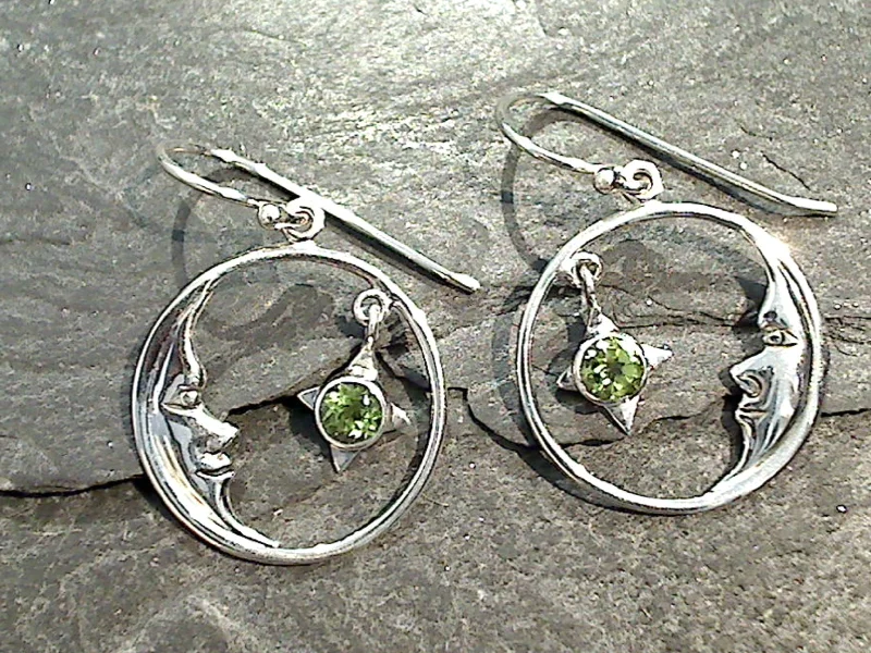 Best hoop earrings with delicate chain details for a trendy and stylish design-Peridot, Sterling Silver Moon And Star Earrings