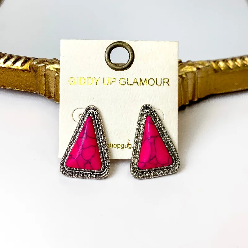 Best hoop earrings with geometric triangle shapes for a modern, chic design-Western Silver Tone Faux Triangle Stone Earrings in Fuchsia Pink