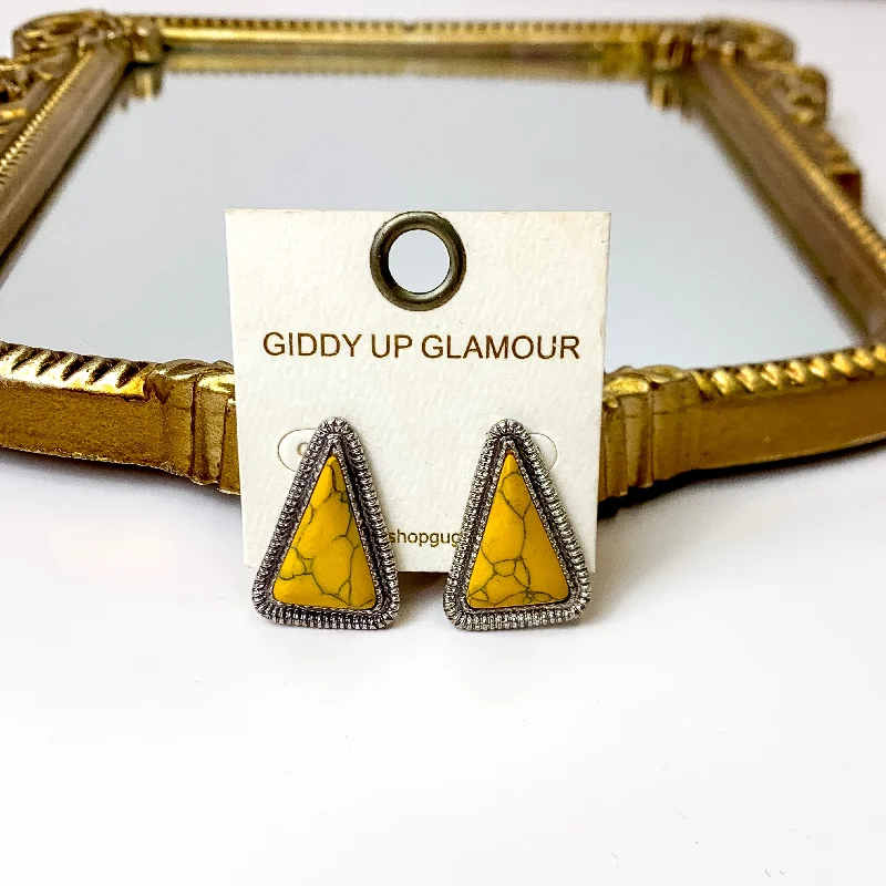 Best hoop earrings with geometric cuts for a sharp, modern appeal-Western Silver Tone Faux Triangle Stone Earrings in Mustard Yellow