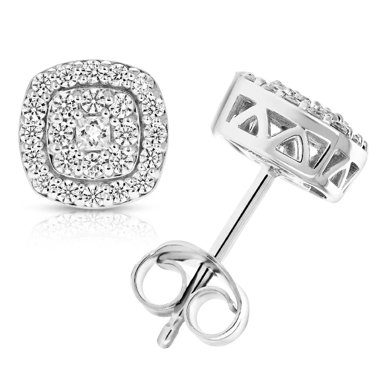 Screw Back Stud Earrings for Security -1/2 cttw Round Diamond Stud Earrings in .925 Sterling Silver With Rhodium Cushion