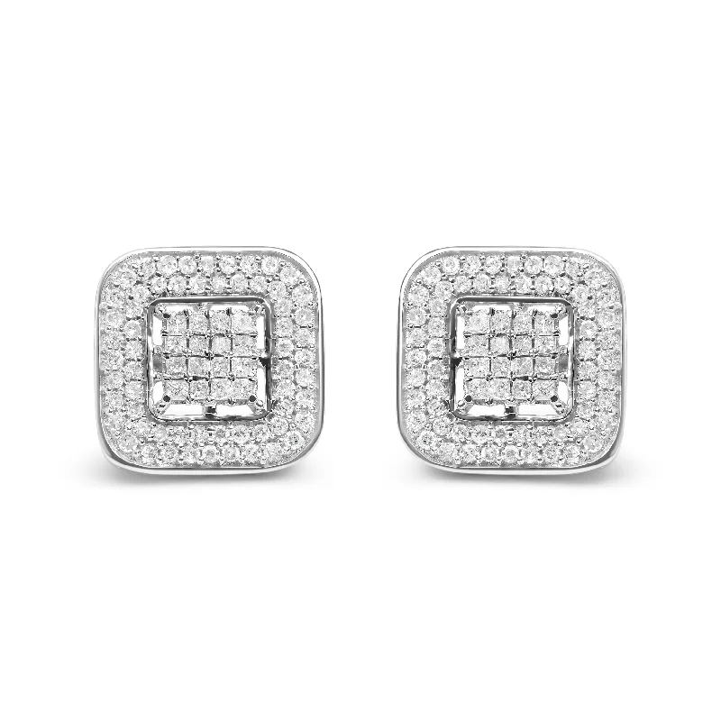 Gold Stud Earrings for Women -10K White Gold 1.0 Cttw Round and Princess Cut Diamond Composite Open Halo Stud Earrings