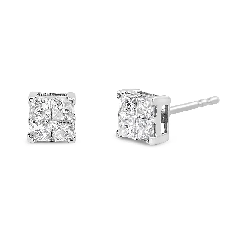 Stud Earrings for Yoga Session -10K White Gold 1.00 cttw Invisible Set Princess-Cut Diamond Composite Square Shape Stud Earrings