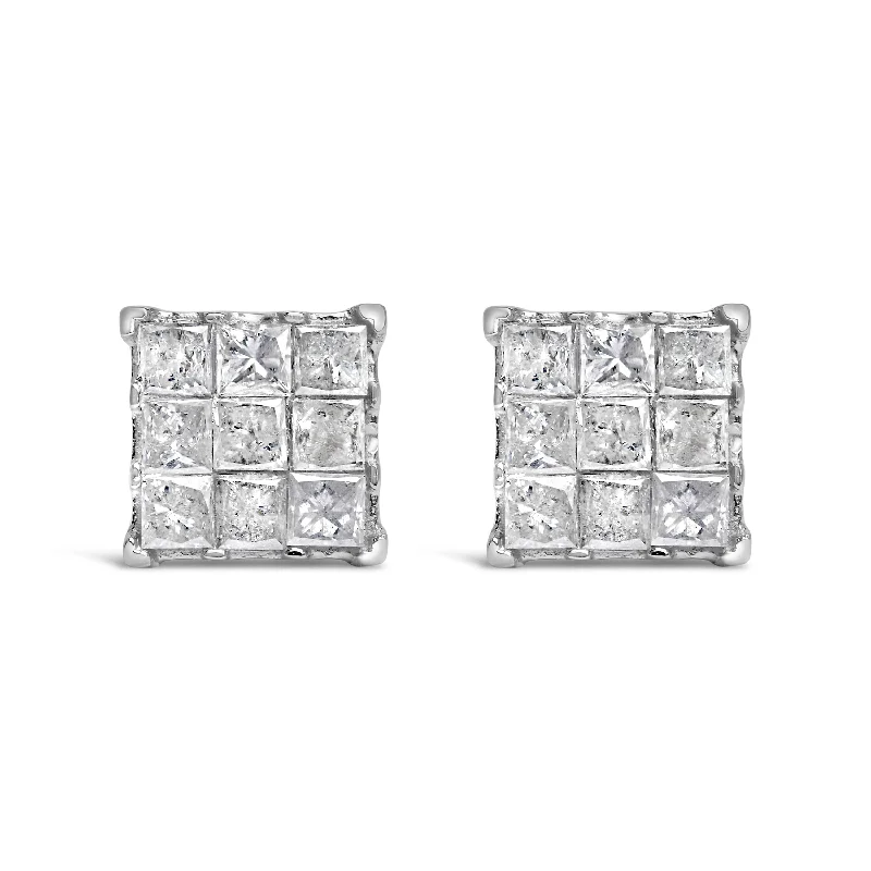 African Stud Earrings with Culture -10K White Gold 1/2 Cttw Invisible Princess-cut Diamond 9 Stone Composite Stud Earrings