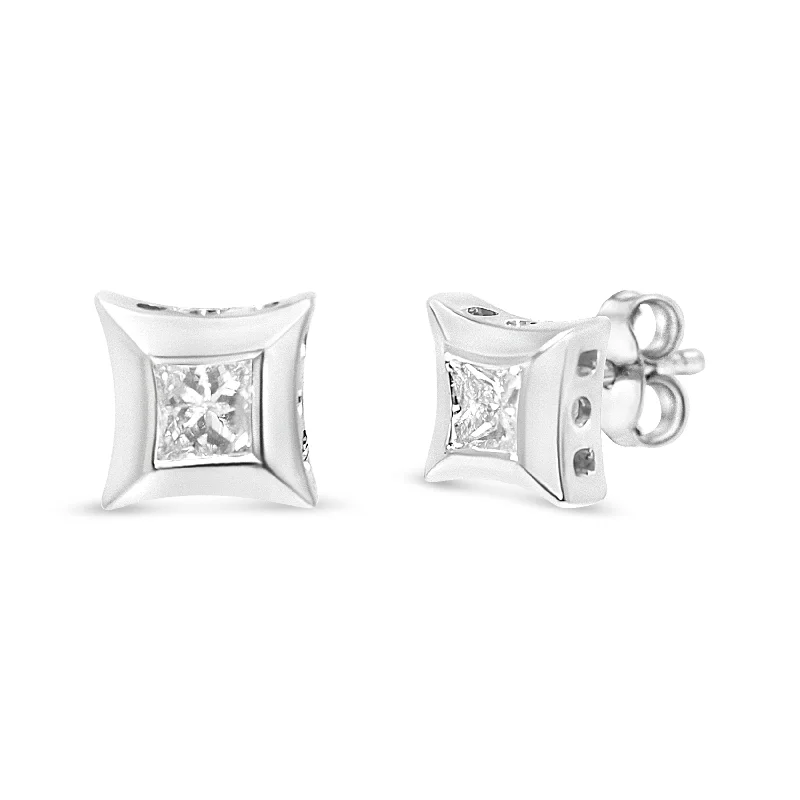 Triple Stud Earrings for Layered -10K White Gold 1/3 Cttw Invisible Set Style Princess-Cut Diamond Stud Earrings