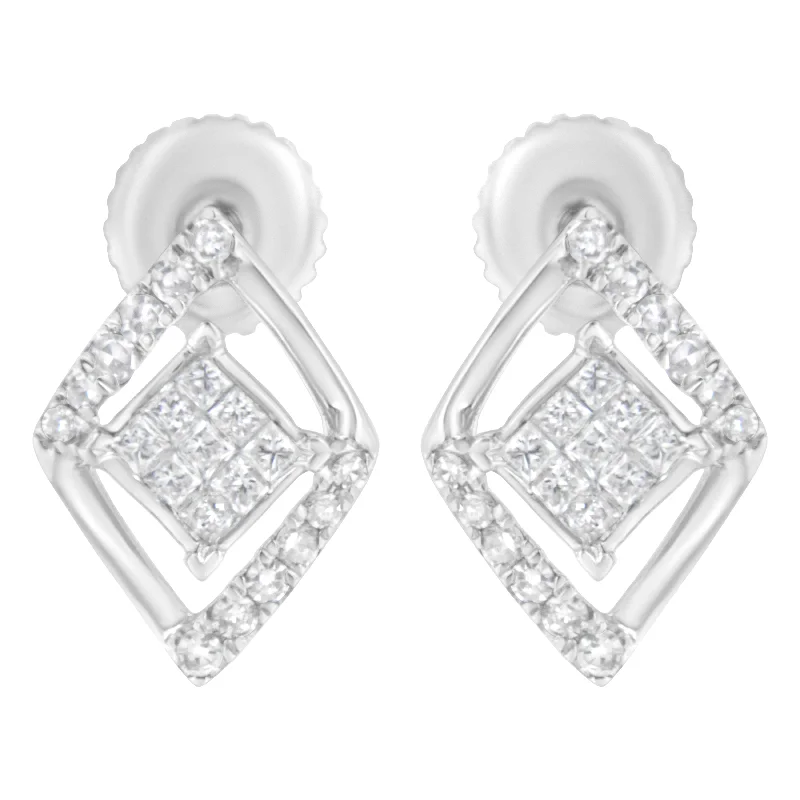 Tarnish Resistant Stud Earrings for Longevity -10K White Gold 1/3 cttw Princess-cut Diamond Double Triangle Composite Stud Earrings