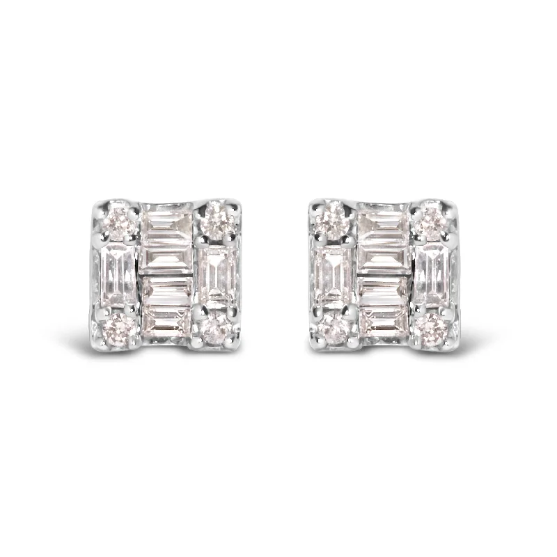 Animal Print Stud Earrings for Fun -10K White Gold 1/7 Cttw Round and Baguette Diamond Mosaic Square Stud Earrings