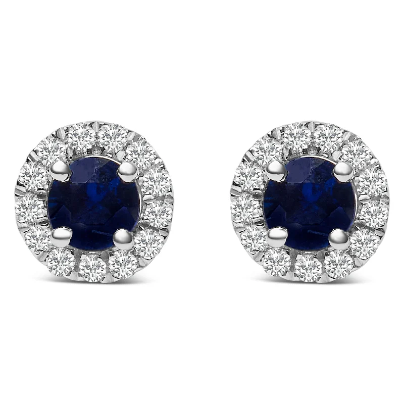 Star Shaped Stud Earrings for Charm -10K White Gold 3.25mm x 3.25mm Round Blue Sapphire and 1/10 Cttw Diamond Halo Stud Earrings