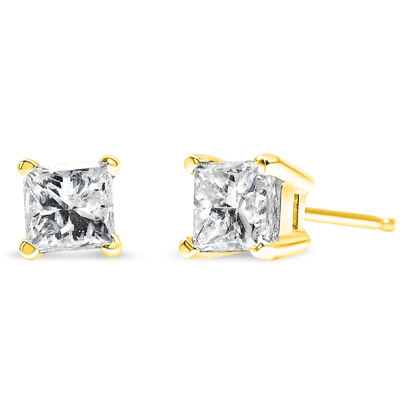 Nickel Free Stud Earrings for Safety -10K Yellow Gold 3/4 Cttw Princess-Cut Square Near Colorless Diamond Classic 4-Prong Solitaire Stud Earrings